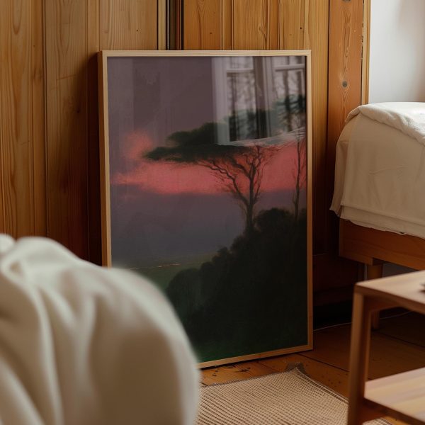 Moody Acacia Tree Sunset Poster – Pink Sky African Savanna Landscape Wall Art