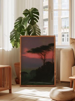 Moody Acacia Tree Sunset Poster – Pink Sky African Savanna Landscape Wall Art