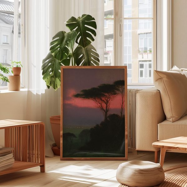 Moody Acacia Tree Sunset Poster – Pink Sky African Savanna Landscape Wall Art