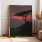 Moody Acacia Tree Sunset Poster – Pink Sky African Savanna Landscape Wall Art