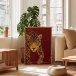 Vintage Leopard Portrait Poster – Deep Red Background Wildlife Wall Art