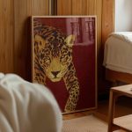 Vintage Leopard Portrait Poster – Deep Red Background Wildlife Wall Art