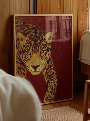 Vintage Leopard Portrait Poster – Deep Red Background Wildlife Wall Art