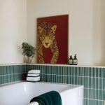 Vintage Leopard Portrait Poster – Deep Red Background Wildlife Wall Art