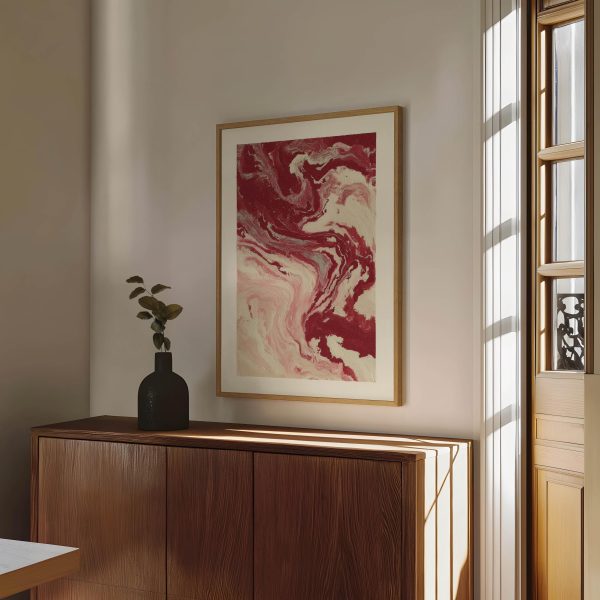 Abstract Burgundy Marble Poster – Red and Cream Fluid Art Wall Decor