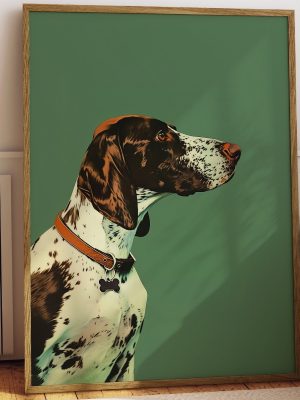 Vintage Pointer Dog Portrait Poster – Green Background Animal Wall