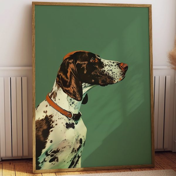Vintage Pointer Dog Portrait Poster – Green Background Animal Wall