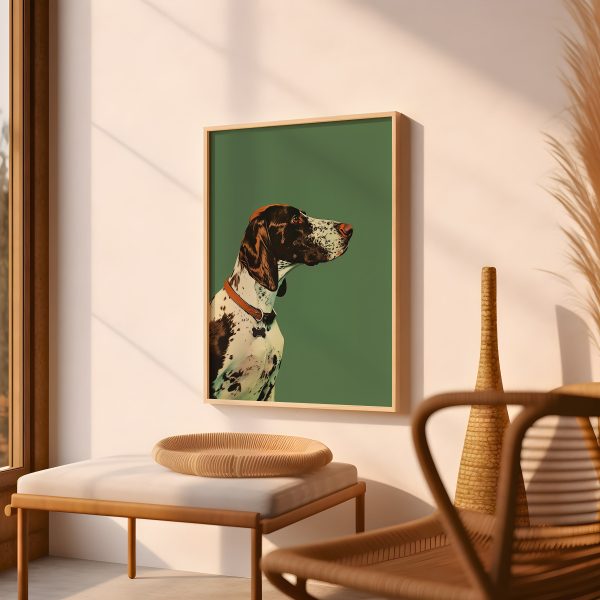 Vintage Pointer Dog Portrait Poster – Green Background Animal Wall