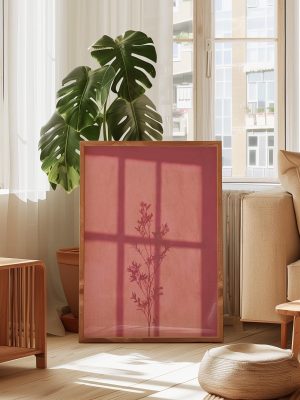 Minimalist Botanical Shadow Poster – Dusty Pink Window Light Wall Art
