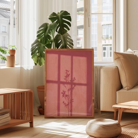 Minimalist Botanical Shadow Poster – Dusty Pink Window Light Wall Art
