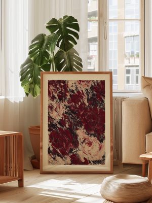 Abstract Burgundy Floral Poster – Vintage Red and Cream Botanical Wall Art