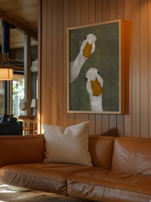 Whimsical White Duck Pair Poster – Olive Green Animal Wall Art