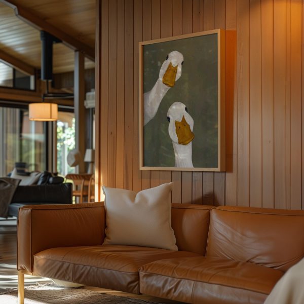 Whimsical White Duck Pair Poster – Olive Green Animal Wall Art