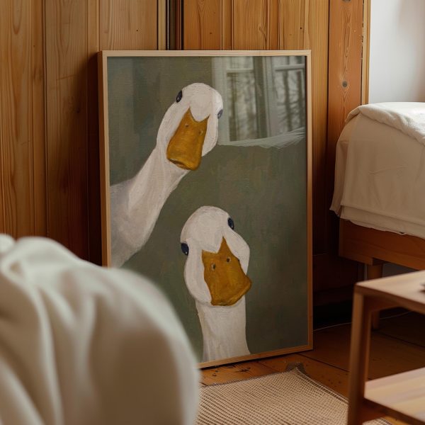 Whimsical White Duck Pair Poster – Olive Green Animal Wall Art