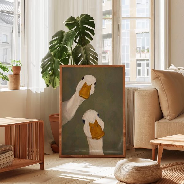 Whimsical White Duck Pair Poster – Olive Green Animal Wall Art