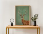 Vintage Whitetail Deer Portrait Poster – Green Background Wildlife Wall Art