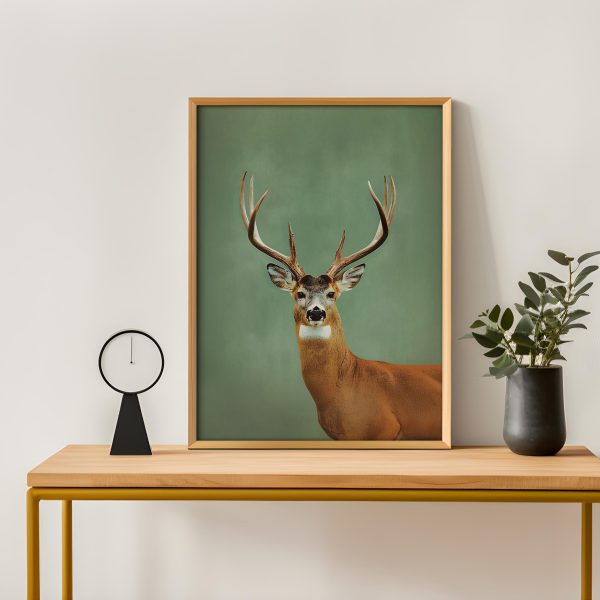 Vintage Whitetail Deer Portrait Poster – Green Background Wildlife Wall Art