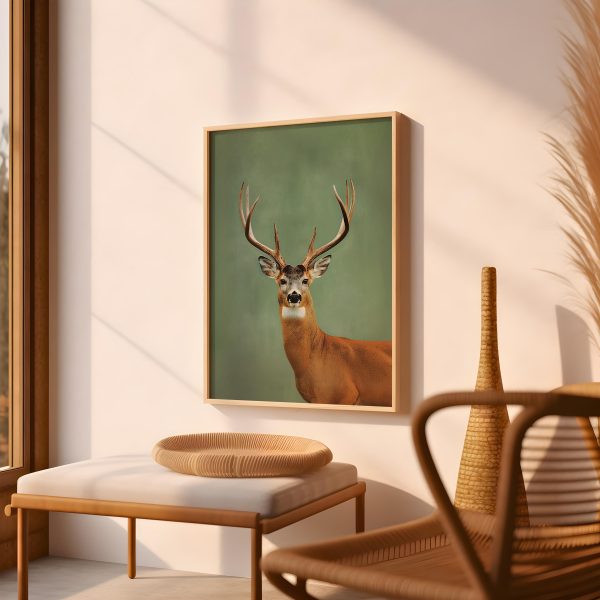Vintage Whitetail Deer Portrait Poster – Green Background Wildlife Wall Art