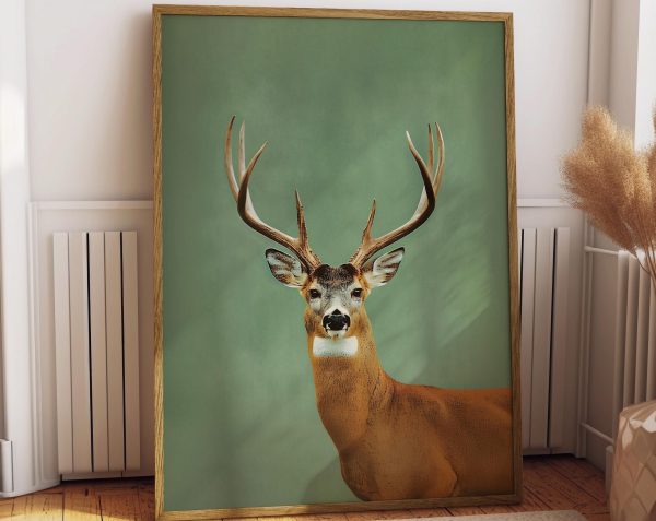 Vintage Whitetail Deer Portrait Poster – Green Background Wildlife Wall Art
