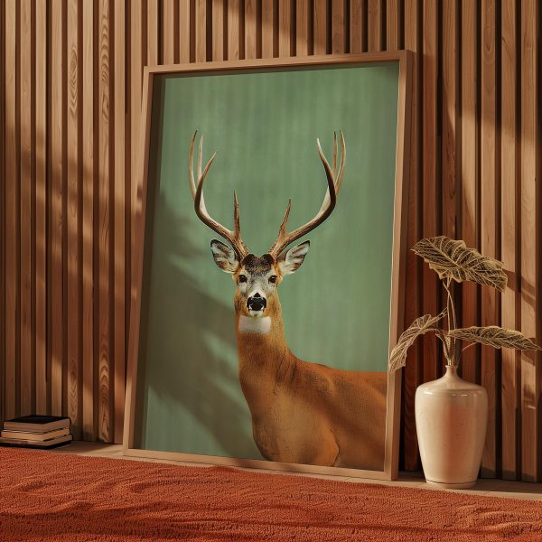Vintage Whitetail Deer Portrait Poster – Green Background Wildlife Wall Art