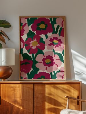 Retro Pink Floral Poster – Bold Botanical Pattern Wall Art
