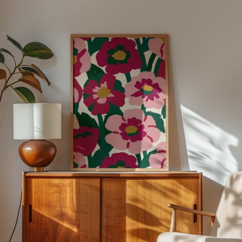 Retro Pink Floral Poster – Bold Botanical Pattern Wall Art
