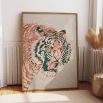 Vintage Roaring Tiger Portrait Poster – Teal and Rust Animal Wall Art
