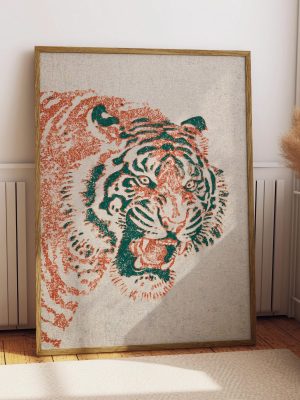 Vintage Roaring Tiger Portrait Poster – Teal and Rust Animal Wall Art