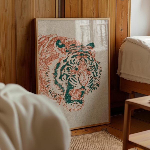 Vintage Roaring Tiger Portrait Poster – Teal and Rust Animal Wall Art
