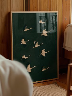 Vintage Flying Crane Flock Poster – Dark Green Bird Wall Art