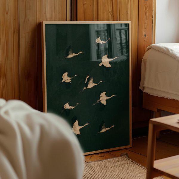 Vintage Flying Crane Flock Poster – Dark Green Bird Wall Art