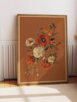 Vintage Wildflower Bouquet Poster – Terracotta Background Botanical Wall Art