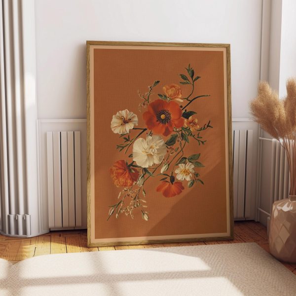 Vintage Wildflower Bouquet Poster – Terracotta Background Botanical Wall Art