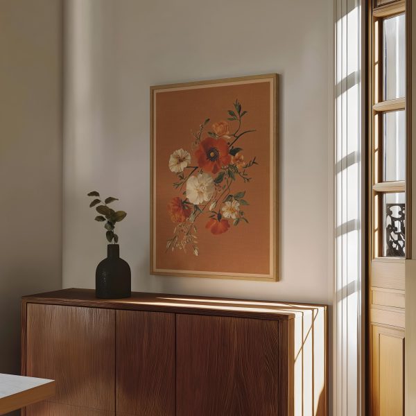 Vintage Wildflower Bouquet Poster – Terracotta Background Botanical Wall Art