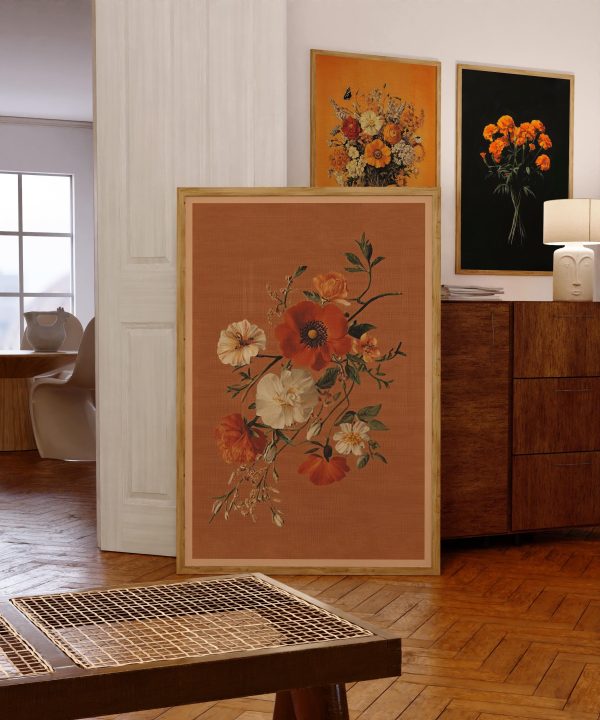 Vintage Wildflower Bouquet Poster – Terracotta Background Botanical Wall Art