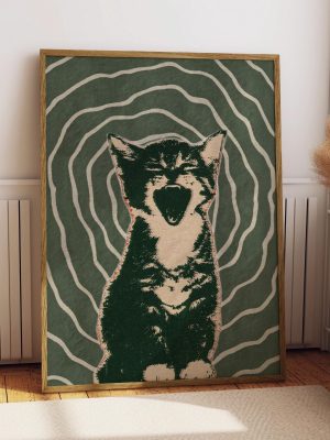 Retro Yawning Cat Poster – Green Wavy Line Animal Wall Art