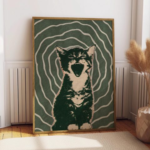 Retro Yawning Cat Poster – Green Wavy Line Animal Wall Art
