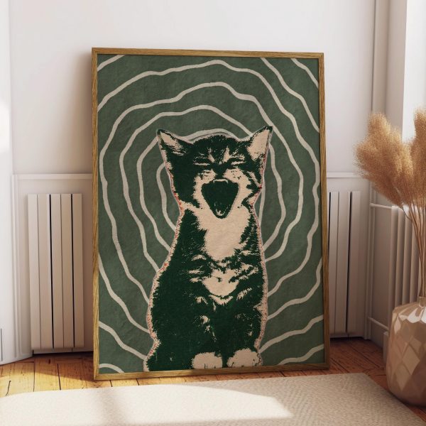 Retro Yawning Cat Poster – Green Wavy Line Animal Wall Art