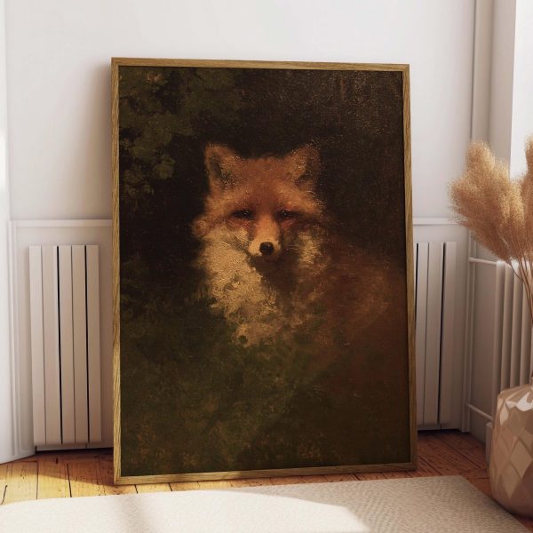 Vintage Red Fox Portrait Poster – Dark Woodland Animal Wall Art