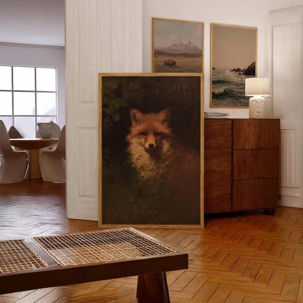 Vintage Red Fox Portrait Poster – Dark Woodland Animal Wall Art