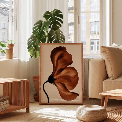 Abstract Brown Flower Poster – Warm Terracotta Botanical Wall Art