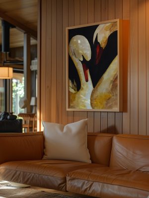 Vintage Swan Couple Poster – Black Background Elegant Bird Wall Art