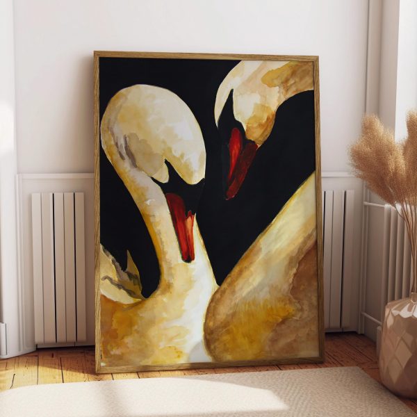 Vintage Swan Couple Poster – Black Background Elegant Bird Wall Art